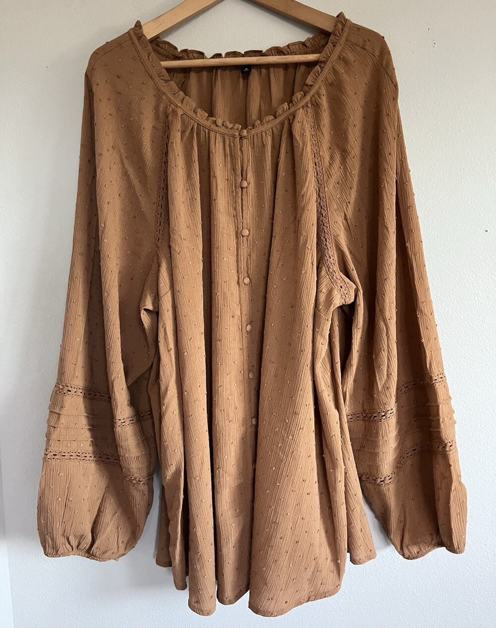 Torrid Women Top 5X Brown Button Up Swiss Dot Peasant Cottagecore Boho Country
